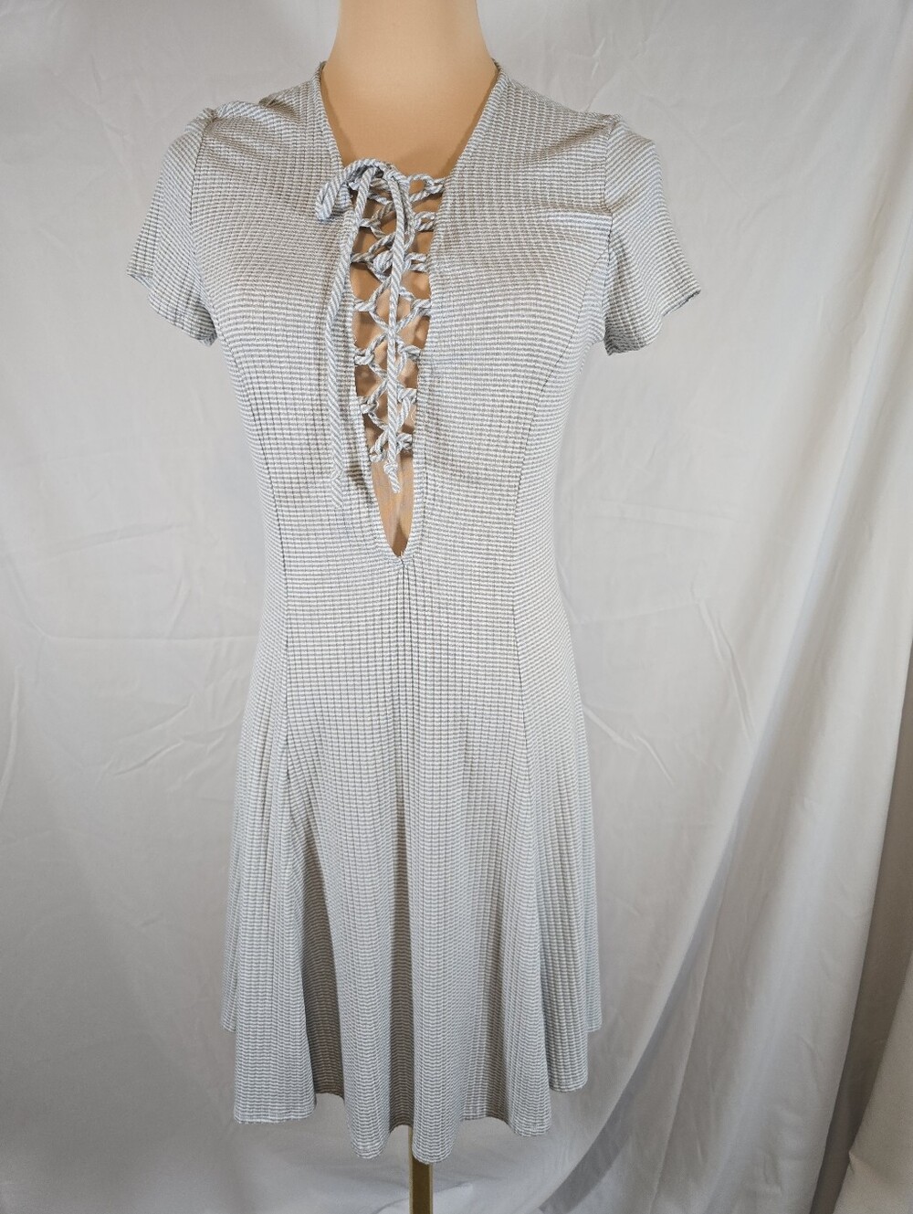 My Story Grey & White Lace-Up Mini Dress